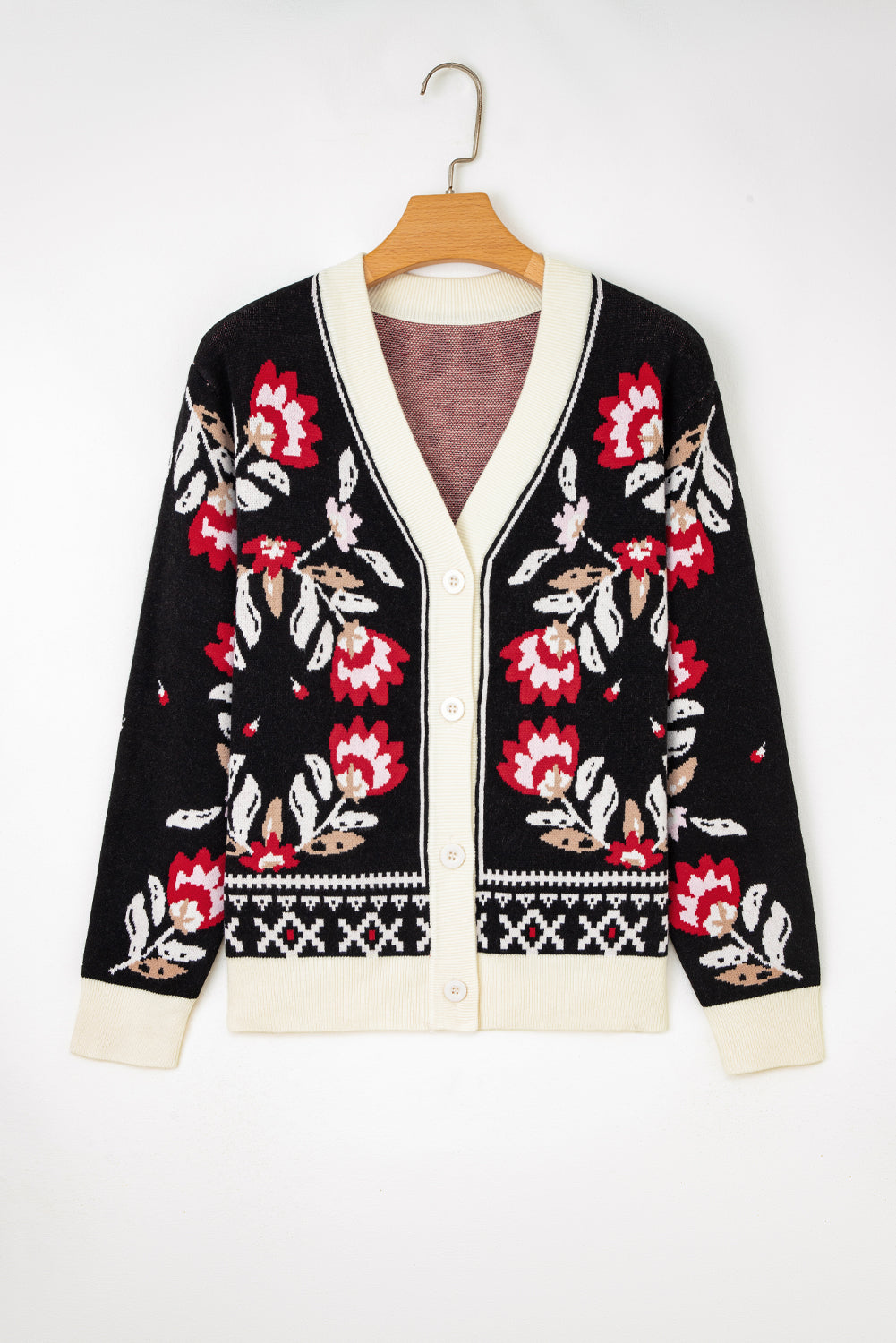 Beige Floral Print Buttoned Front V Neck Knit Cardigan-Sweaters & Cardigans/Cardigans-[Adult]-[Female]-2022 Online Blue Zone Planet