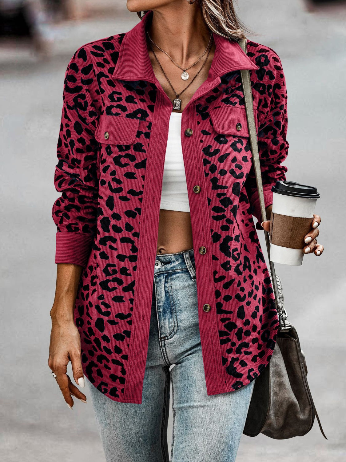 Full Size Leopard Collared Neck Button Up Long Sleeve Jacket-TOPS / DRESSES-[Adult]-[Female]-Burgundy-S-2022 Online Blue Zone Planet