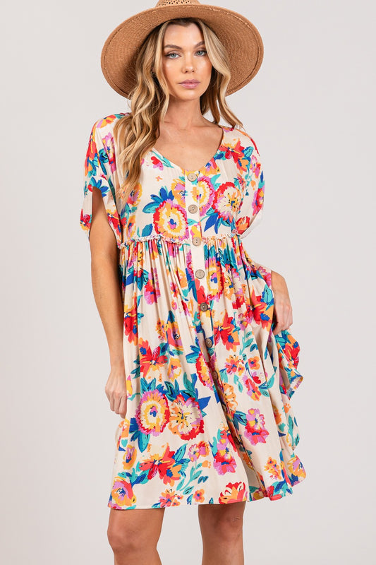 SAGE + FIG Full Size Floral Button-Down Short Sleeve Dress-TOPS / DRESSES-[Adult]-[Female]-Multi-S-2022 Online Blue Zone Planet