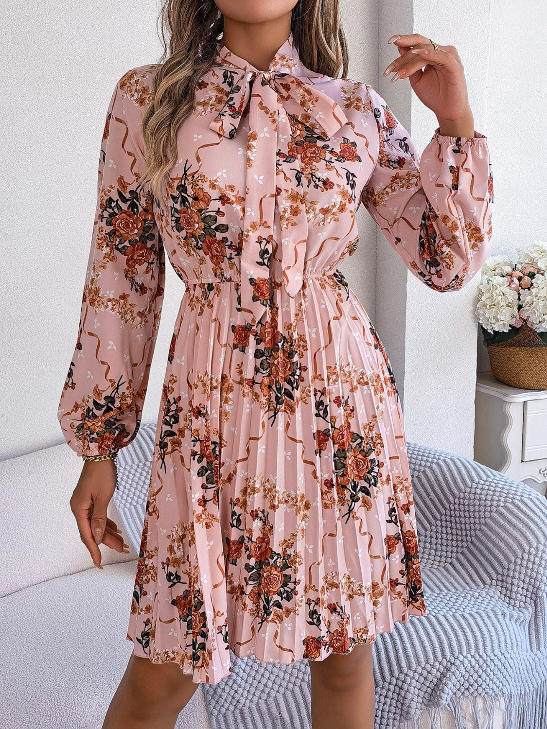 Pleated Printed Tie Neck Long Sleeve Dress-TOPS / DRESSES-[Adult]-[Female]-Dusty Pink-S-2022 Online Blue Zone Planet