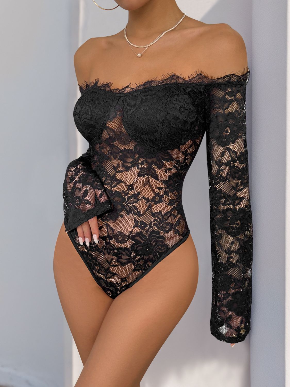 Perfee Lace Off-Shoulder Long Sleeve Bodysuit-TOPS / DRESSES-[Adult]-[Female]-2022 Online Blue Zone Planet