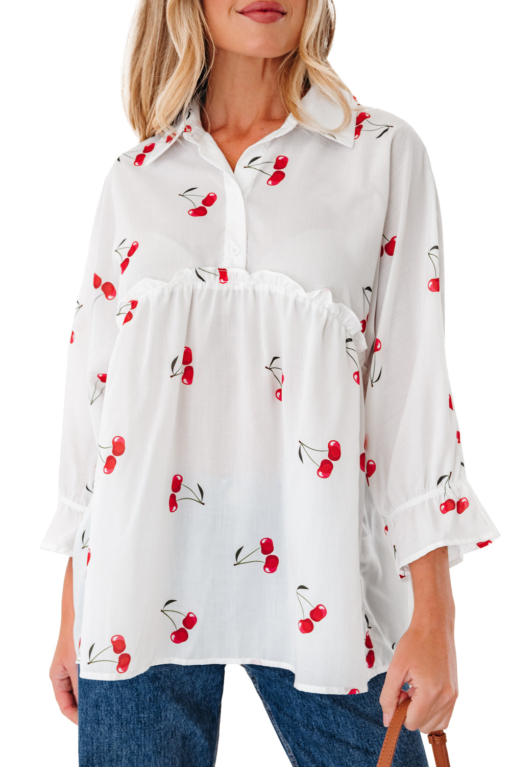 White Cherry Print Flounce Sleeve Collared Frilled Babydoll Blouse-Tops/Blouses & Shirts-[Adult]-[Female]-2022 Online Blue Zone Planet