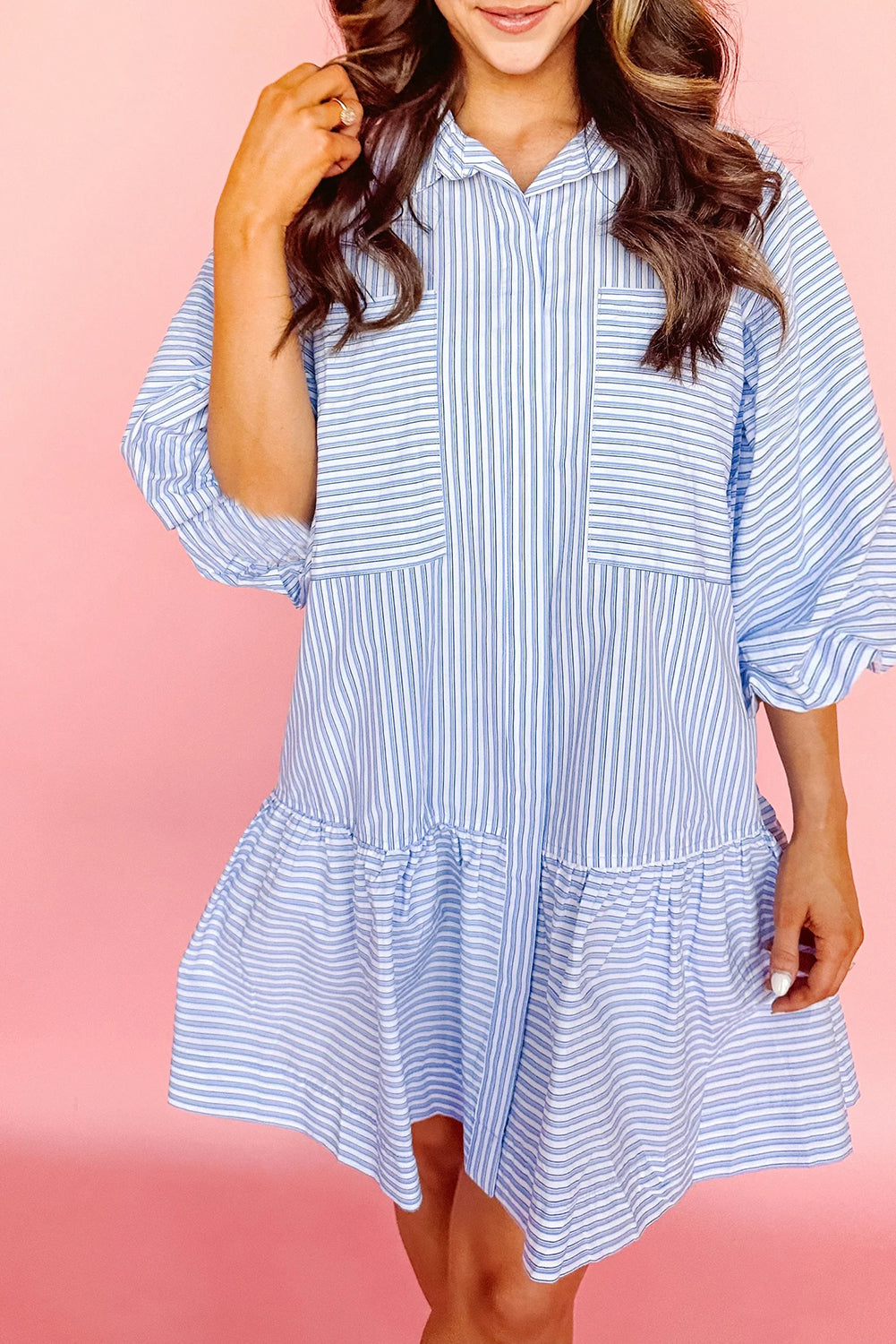 Sky Blue Stripe Bubble Sleeve Chest Pockets Buttoned Shirt Dress-Dresses/Mini Dresses-[Adult]-[Female]-2022 Online Blue Zone Planet