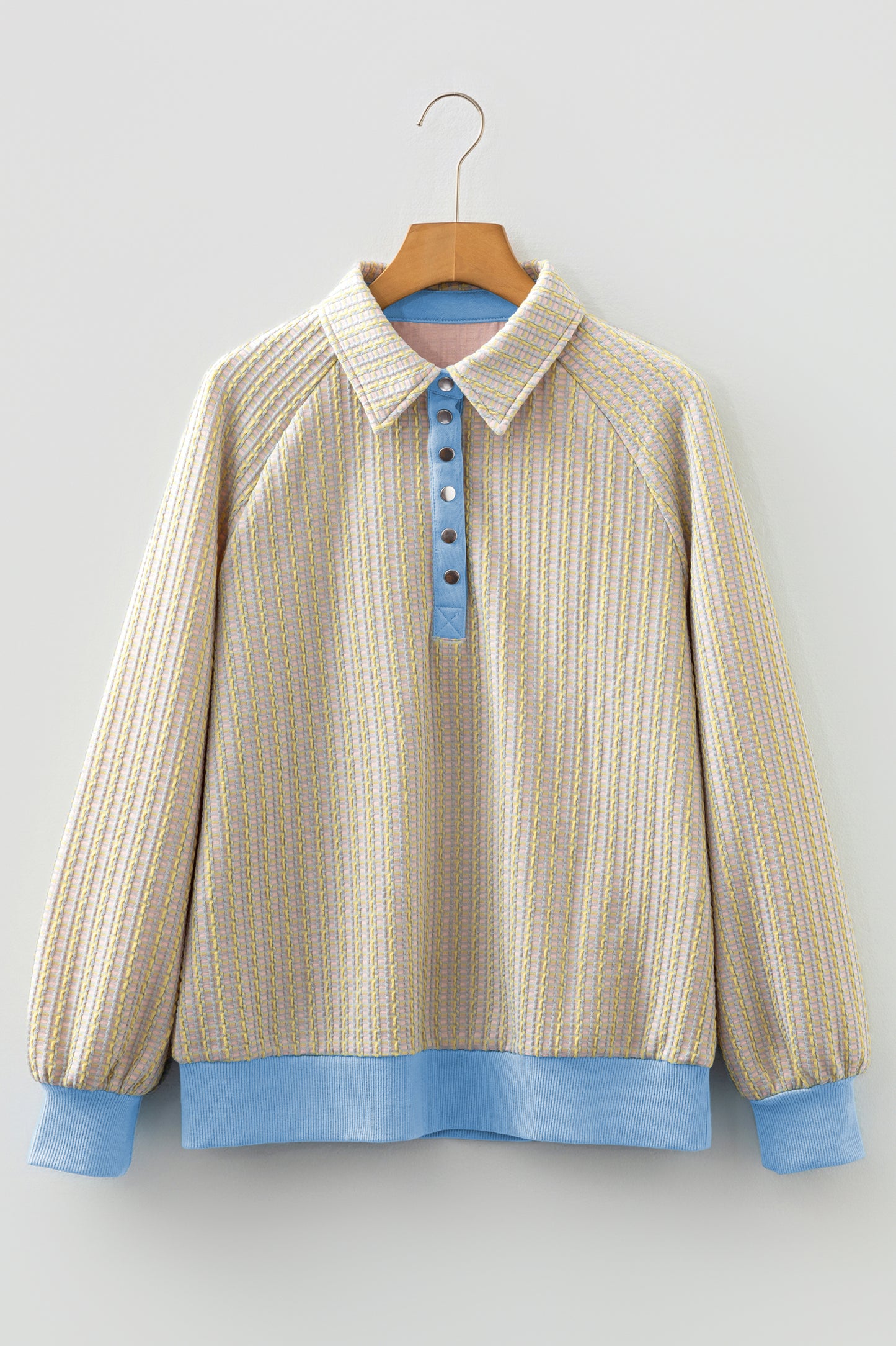 Beau Blue Button Front Jacquard Henley Sweatshirt-Tops/Sweatshirts & Hoodies-[Adult]-[Female]-2022 Online Blue Zone Planet