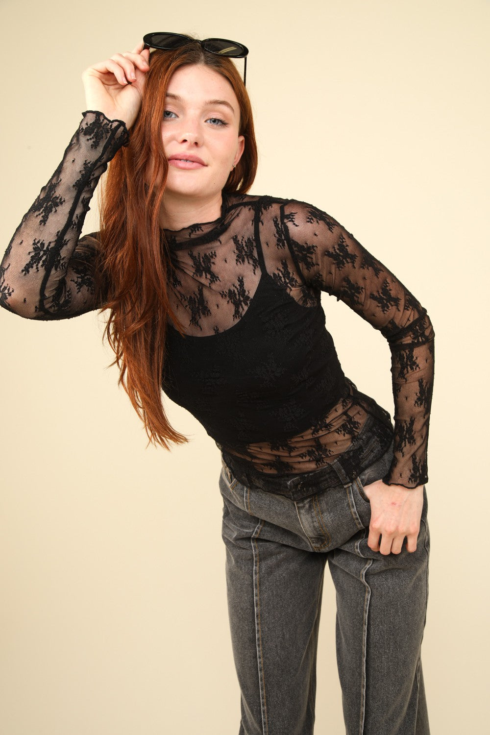 Blue Zone Planet | VERY J Mock Neck Fitted Sheer Mesh Lace Blouse-TOPS / DRESSES-[Adult]-[Female]-2022 Online Blue Zone Planet