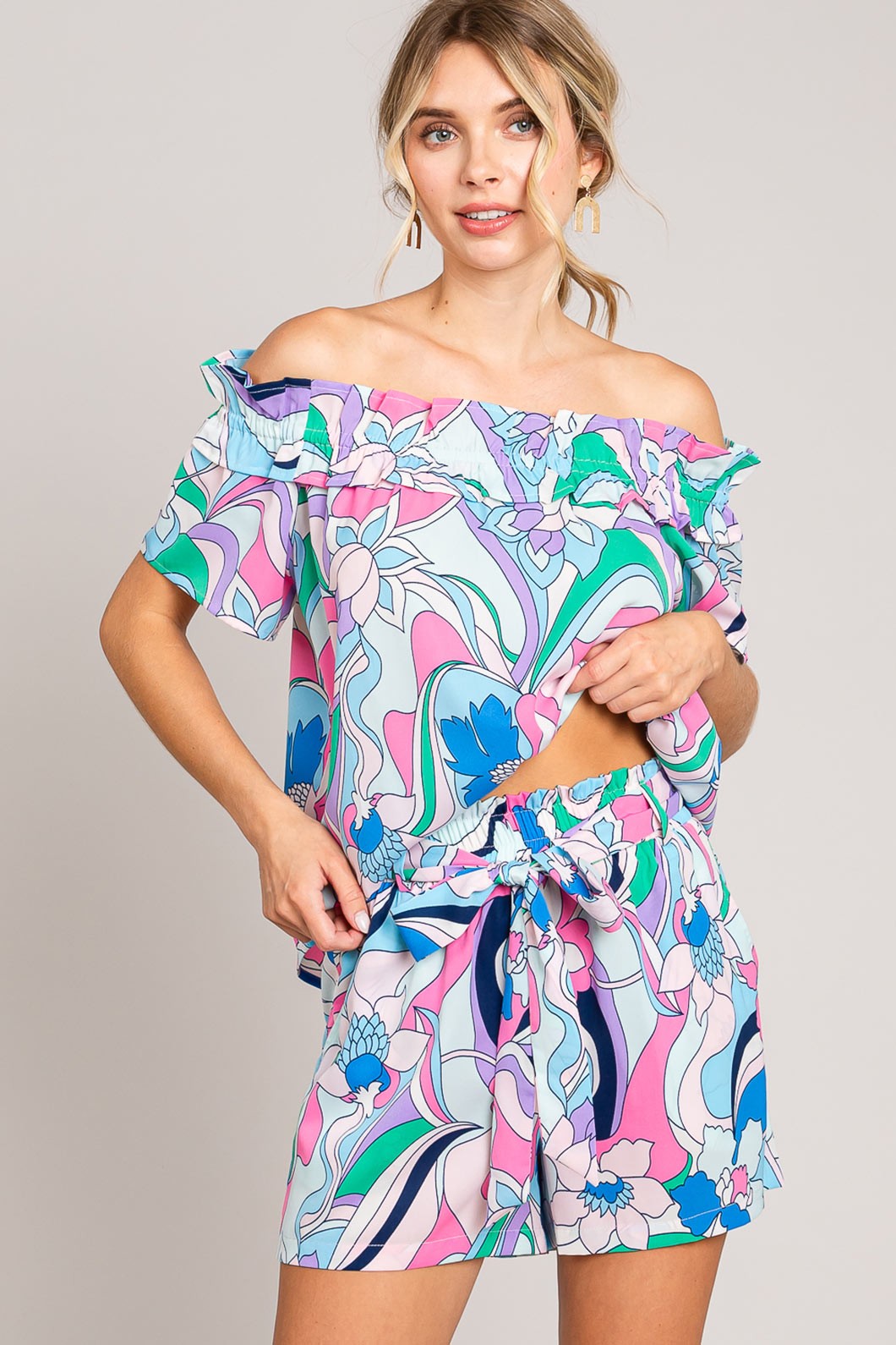 Blue Zone Planet | Cotton Bleu by Nu Label Abstracted Print Tie Front Shorts-TOPS / DRESSES-[Adult]-[Female]-2022 Online Blue Zone Planet