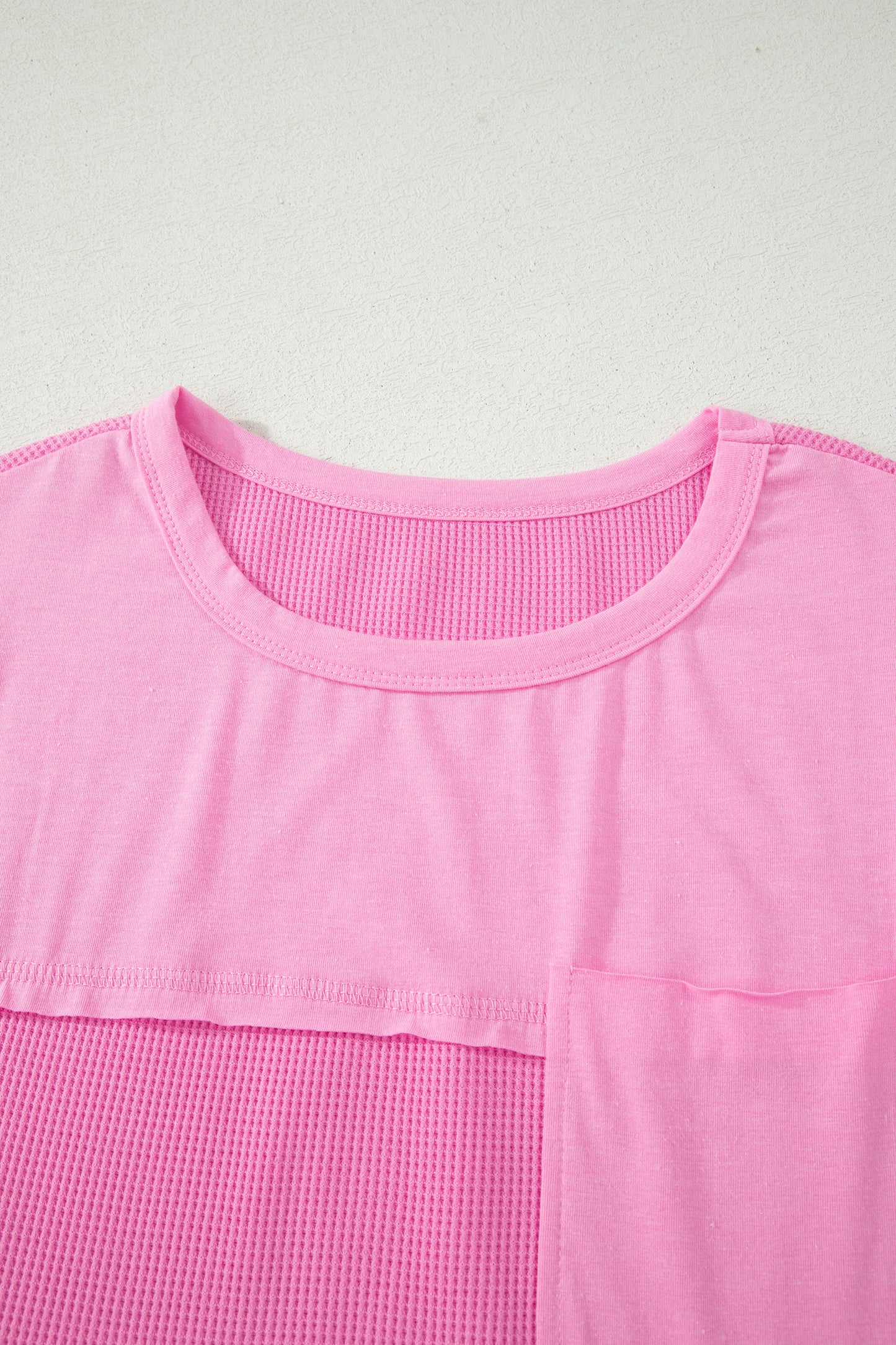 Pink Solid Color Raw Seam Waffled Patchwork Casual T Shirt-Tops/Tops & Tees-[Adult]-[Female]-2022 Online Blue Zone Planet