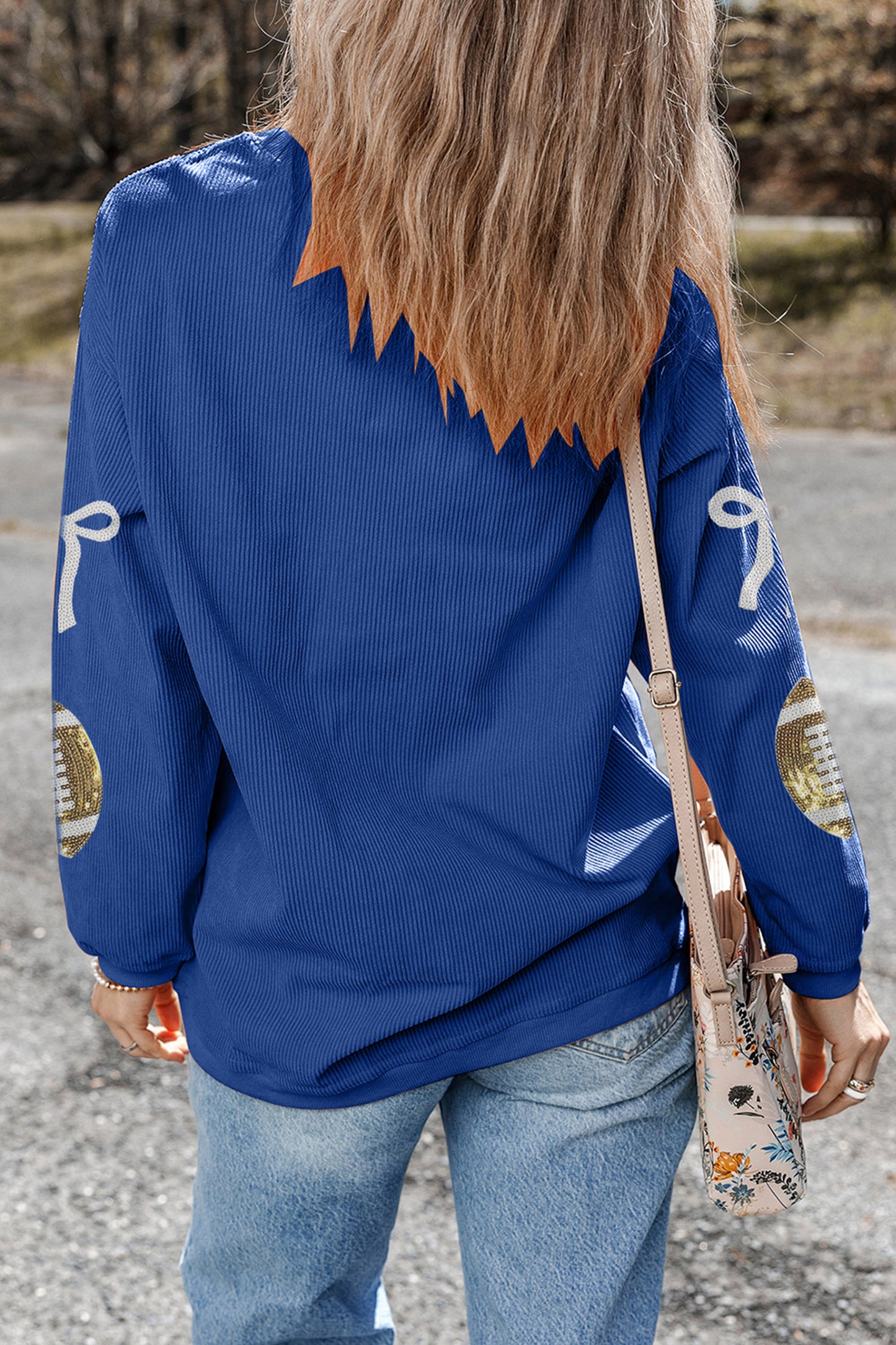 Dark Blue Corded Rib Sequin Rugby Bow Graphic Dropped Shoulder Sweatshirt-Graphic/Graphic Sweatshirts-[Adult]-[Female]-2022 Online Blue Zone Planet