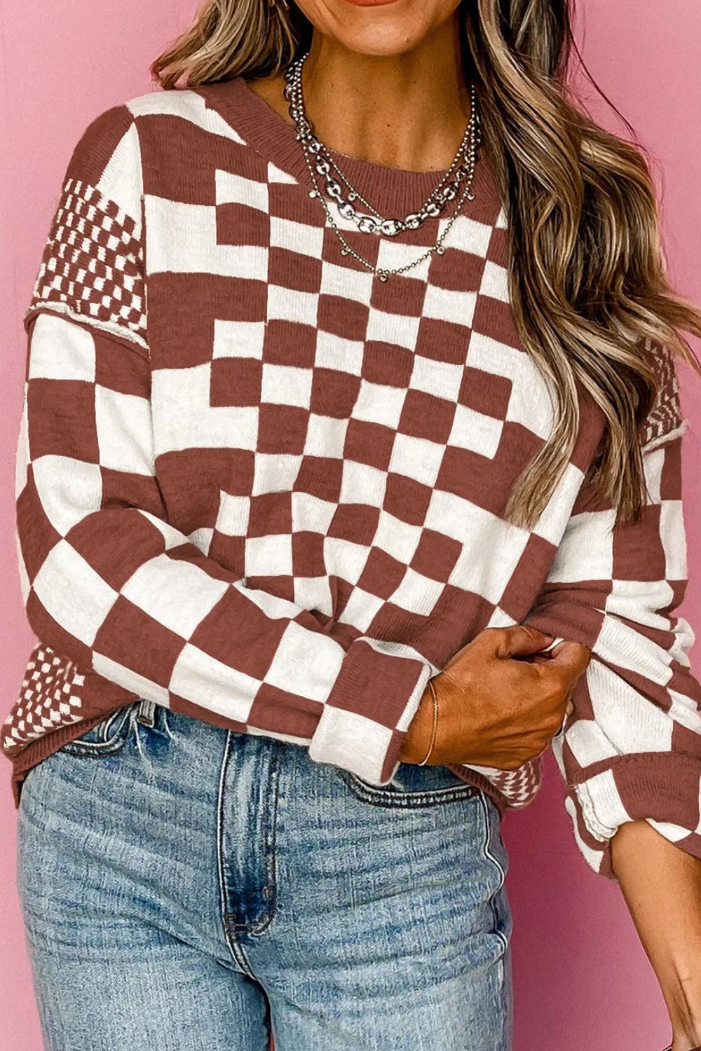 Blue Zone Planet | Checkered Round Neck Long Sleeve Sweater-TOPS / DRESSES-[Adult]-[Female]-Brown-XL-2022 Online Blue Zone Planet