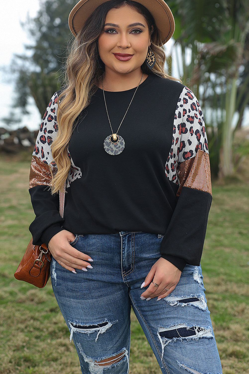 Black Leopard Sequin Patch Plus Size Long Sleeve Top-Plus Size/Plus Size Tops/Plus Size Long Sleeve Tops-[Adult]-[Female]-Black-1X-2022 Online Blue Zone Planet