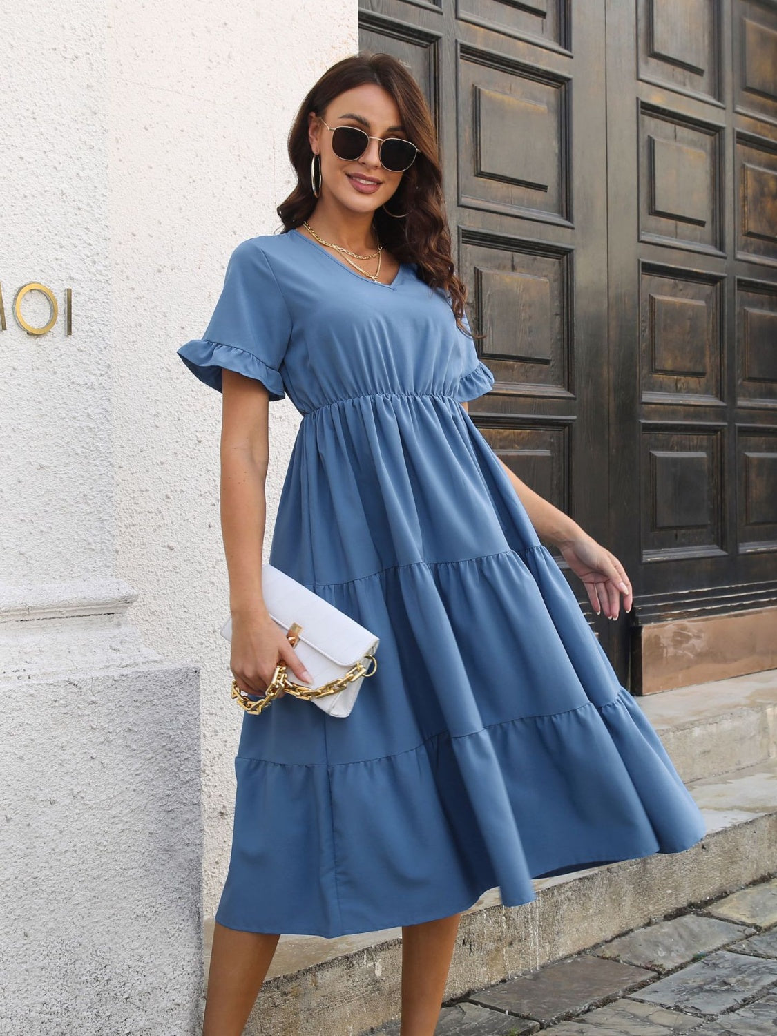 Blue Zone Planet | V-Neck Short Sleeve Midi Dress-TOPS / DRESSES-[Adult]-[Female]-2022 Online Blue Zone Planet