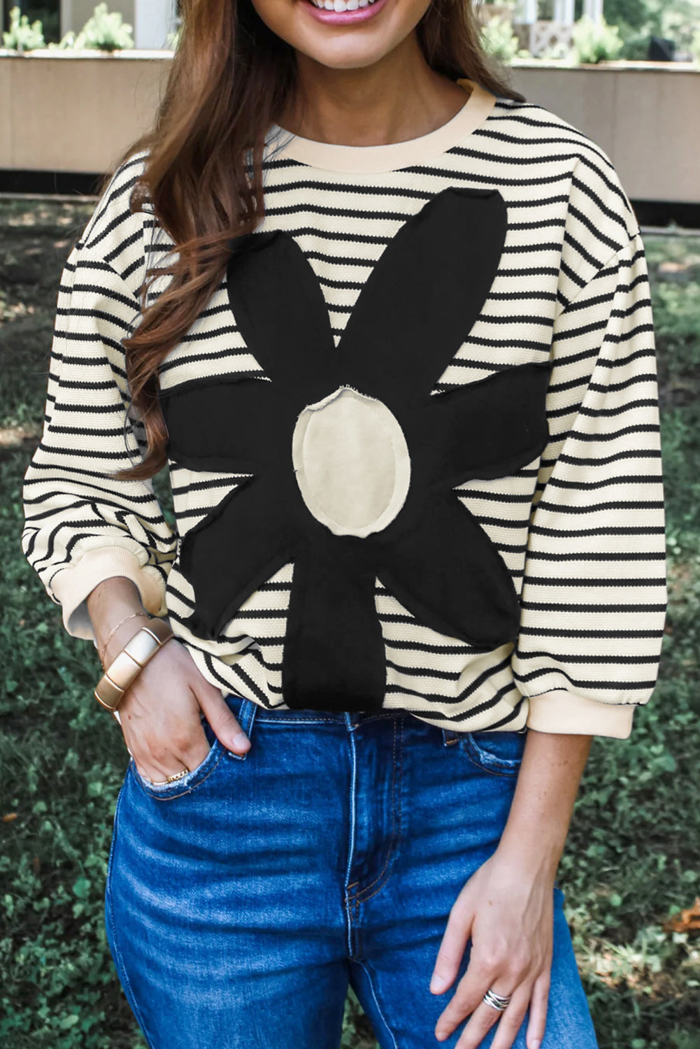 Black white Striped Big Flower Patched 3/4 Sleeve Top-Tops/Long Sleeve Tops-[Adult]-[Female]-Black white-S-2022 Online Blue Zone Planet