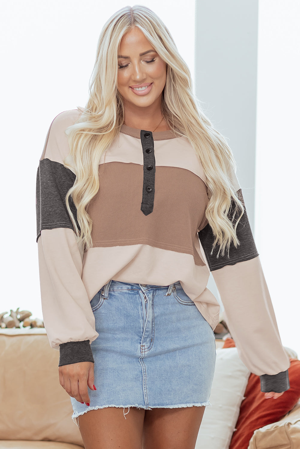 Jet Stream Color Block Waffled Patchwork Loose Henley Top-Tops/Long Sleeve Tops-[Adult]-[Female]-2022 Online Blue Zone Planet