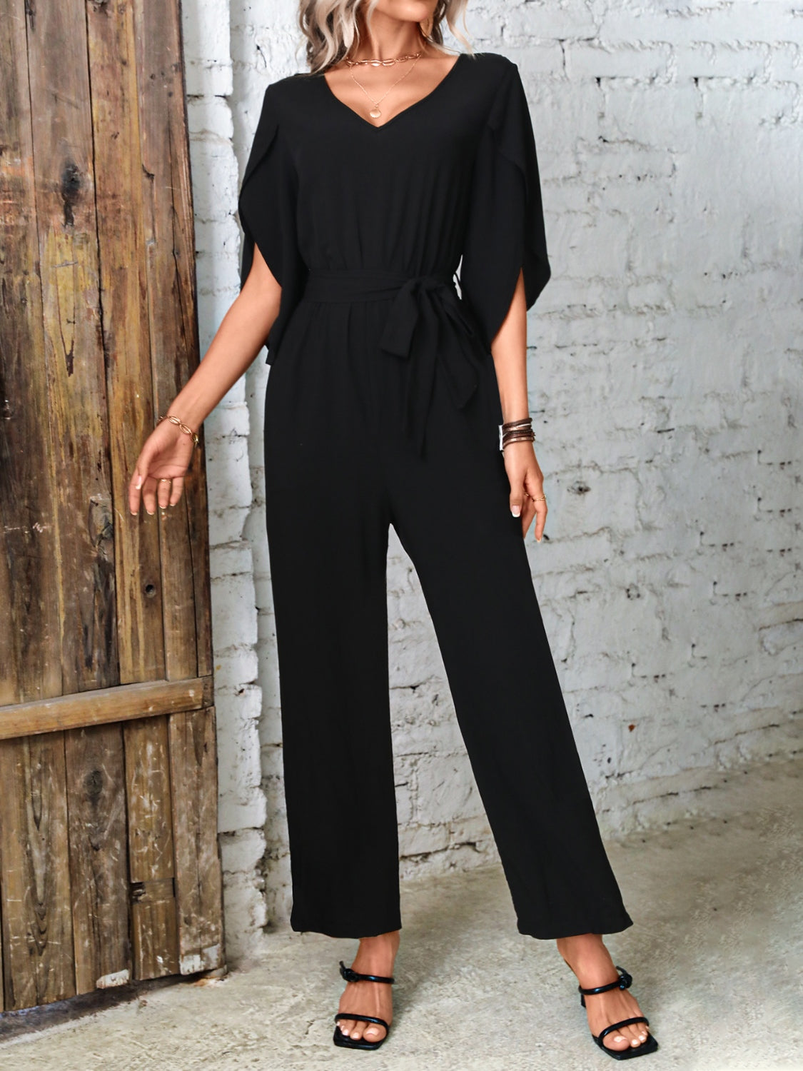 Blue Zone Planet | Tied V-Neck Half Sleeve Wide Leg Jumpsuit-TOPS / DRESSES-[Adult]-[Female]-2022 Online Blue Zone Planet