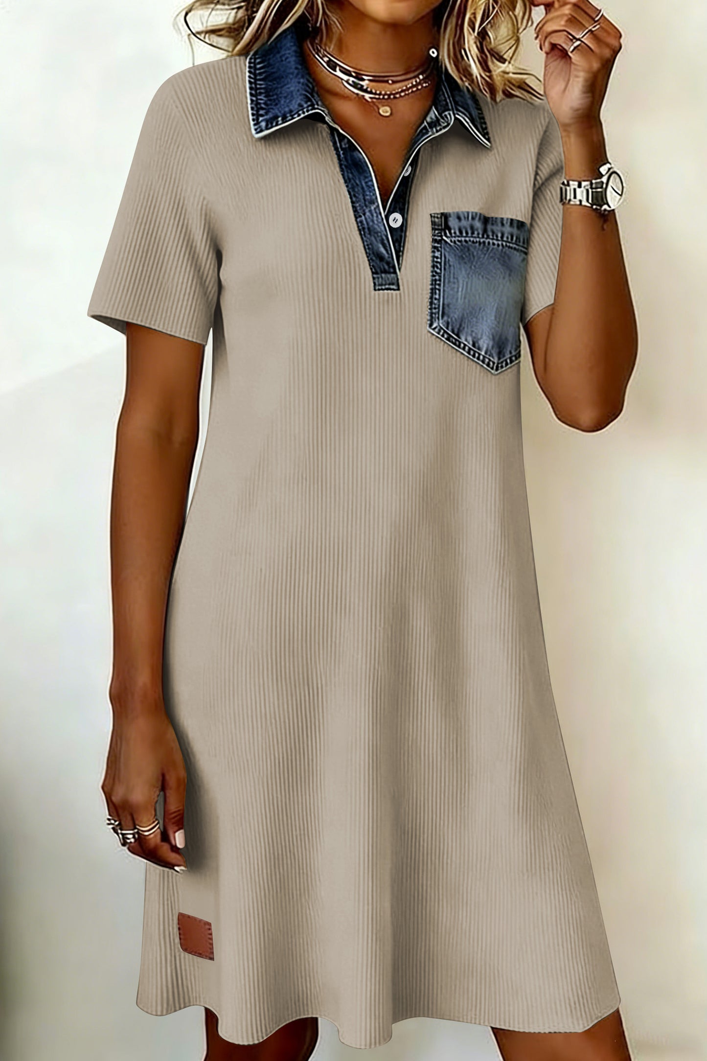Beige Short Sleeve Ribbed Knit Denim Patchwork Polo Collar Dress-Dresses/T Shirt Dresses-[Adult]-[Female]-2022 Online Blue Zone Planet