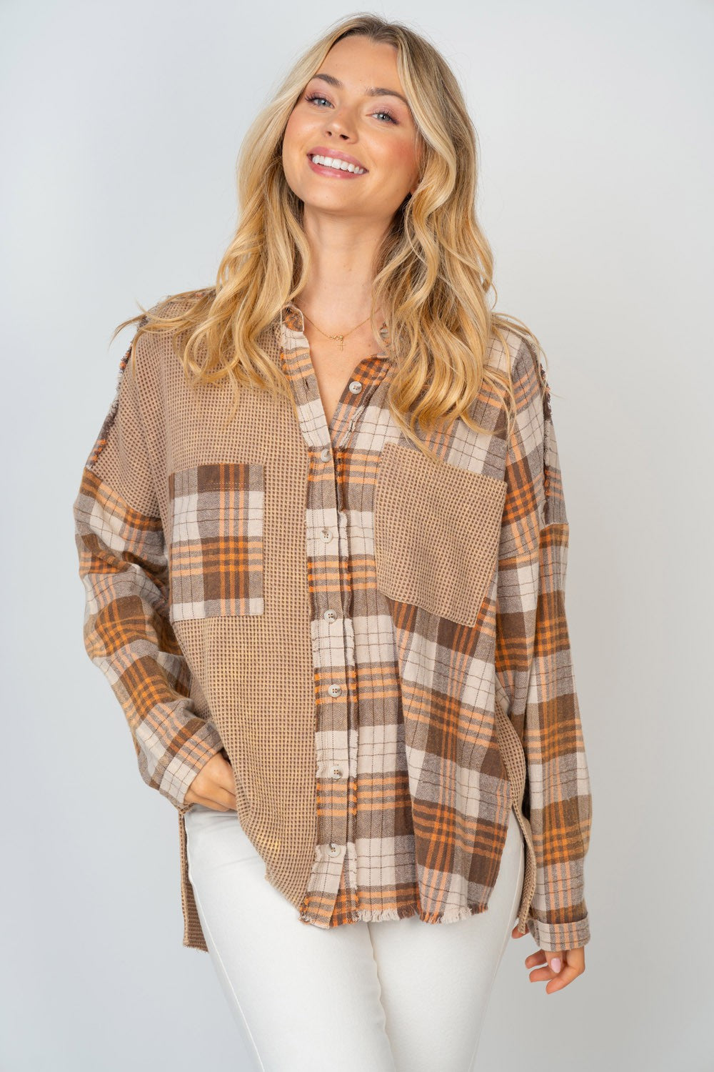 White Birch Full Size Contrast Plaid Button Down Shirt-TOPS / DRESSES-[Adult]-[Female]-Brown-S-2022 Online Blue Zone Planet