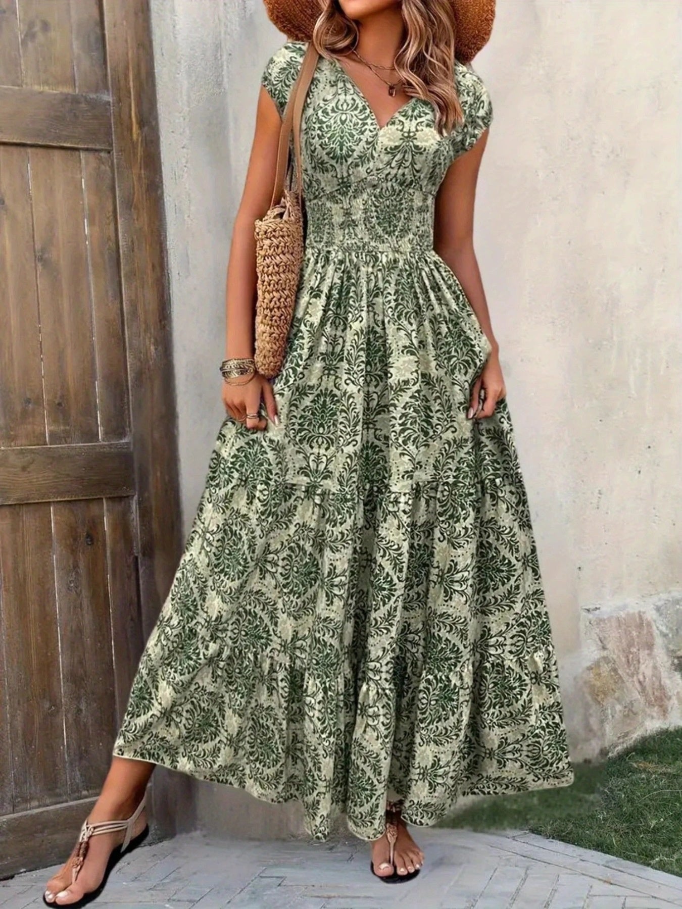 long maxi dress with cap sleeves Womens Boho Maxi Dress V Neck Flowy Swing Floral Dresses Cap Sleeve Summer Dresses Spring Outfits,Green flowers,XX Large