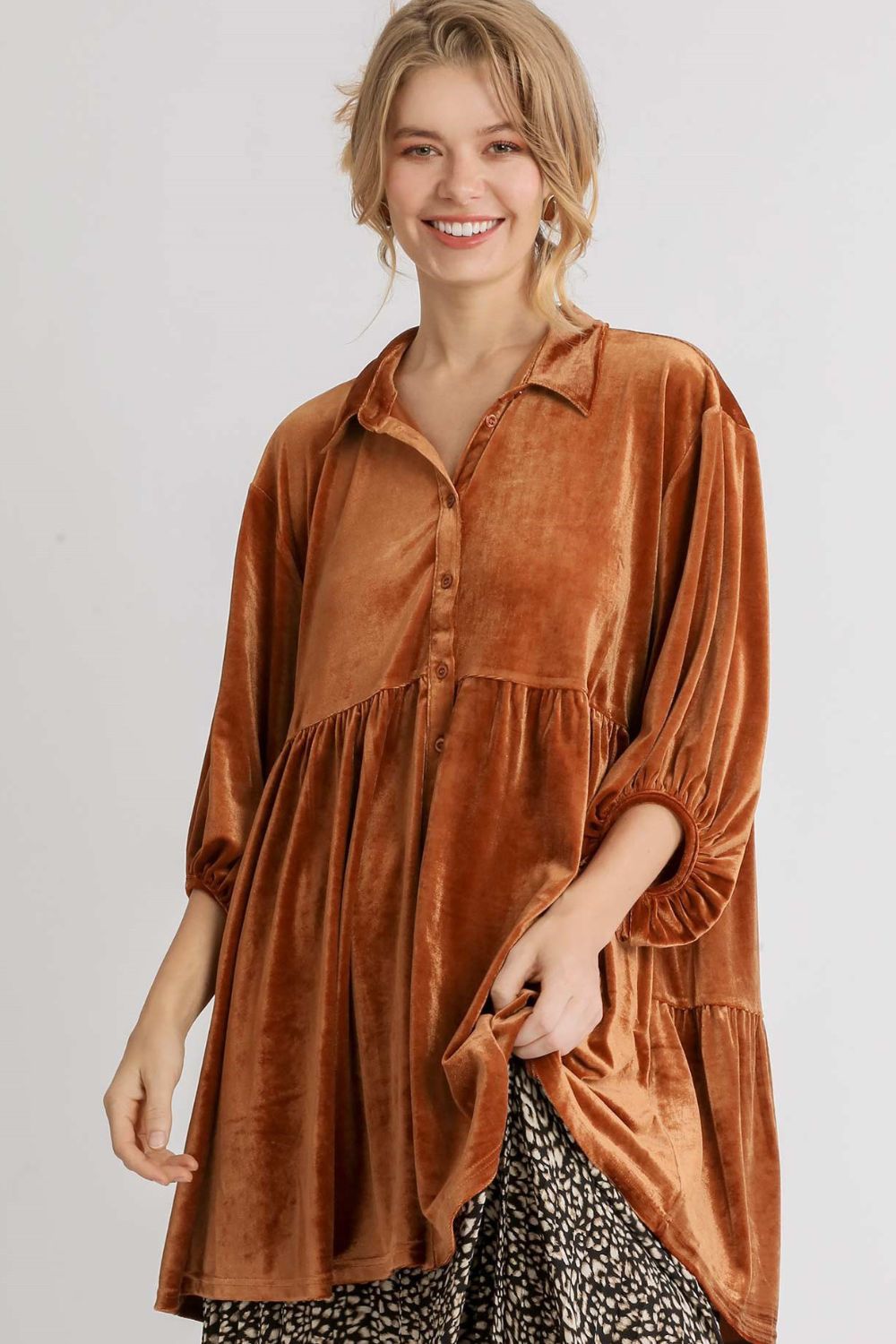 Umgee Full Size Button Down Tiered Back High Low Shirt-TOPS / DRESSES-[Adult]-[Female]-Terracotta-S-2022 Online Blue Zone Planet