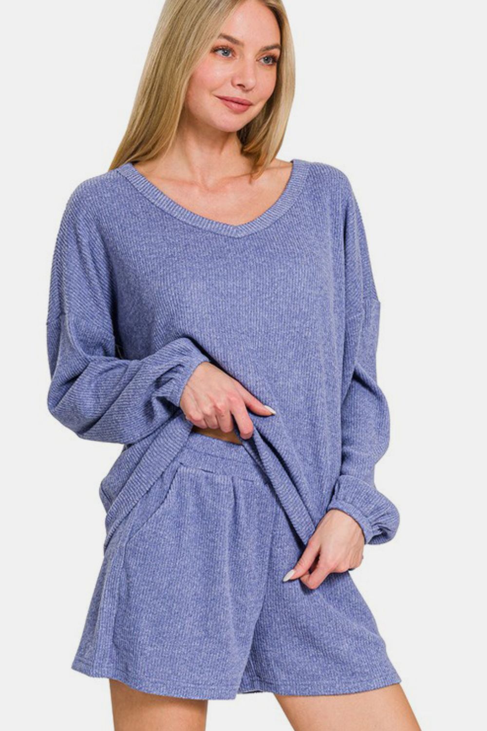 Blue Zone Planet | Zenana V-Neck Long Sleeve Ribbed Top and Shorts Set-TOPS / DRESSES-[Adult]-[Female]-2022 Online Blue Zone Planet