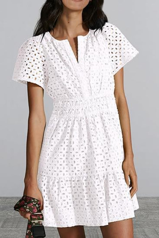 Blue Zone Planet | Eyelet Notched Short Sleeve Mini Dress-TOPS / DRESSES-[Adult]-[Female]-White-S-2022 Online Blue Zone Planet