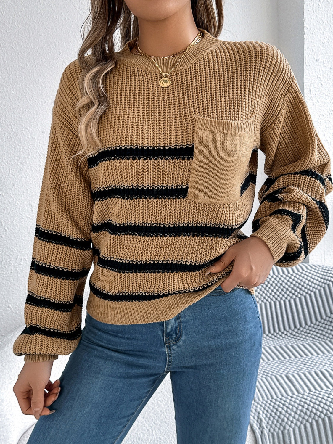 Striped Round Neck Long Sleeve Sweater-TOPS / DRESSES-[Adult]-[Female]-Caramel-S-2022 Online Blue Zone Planet