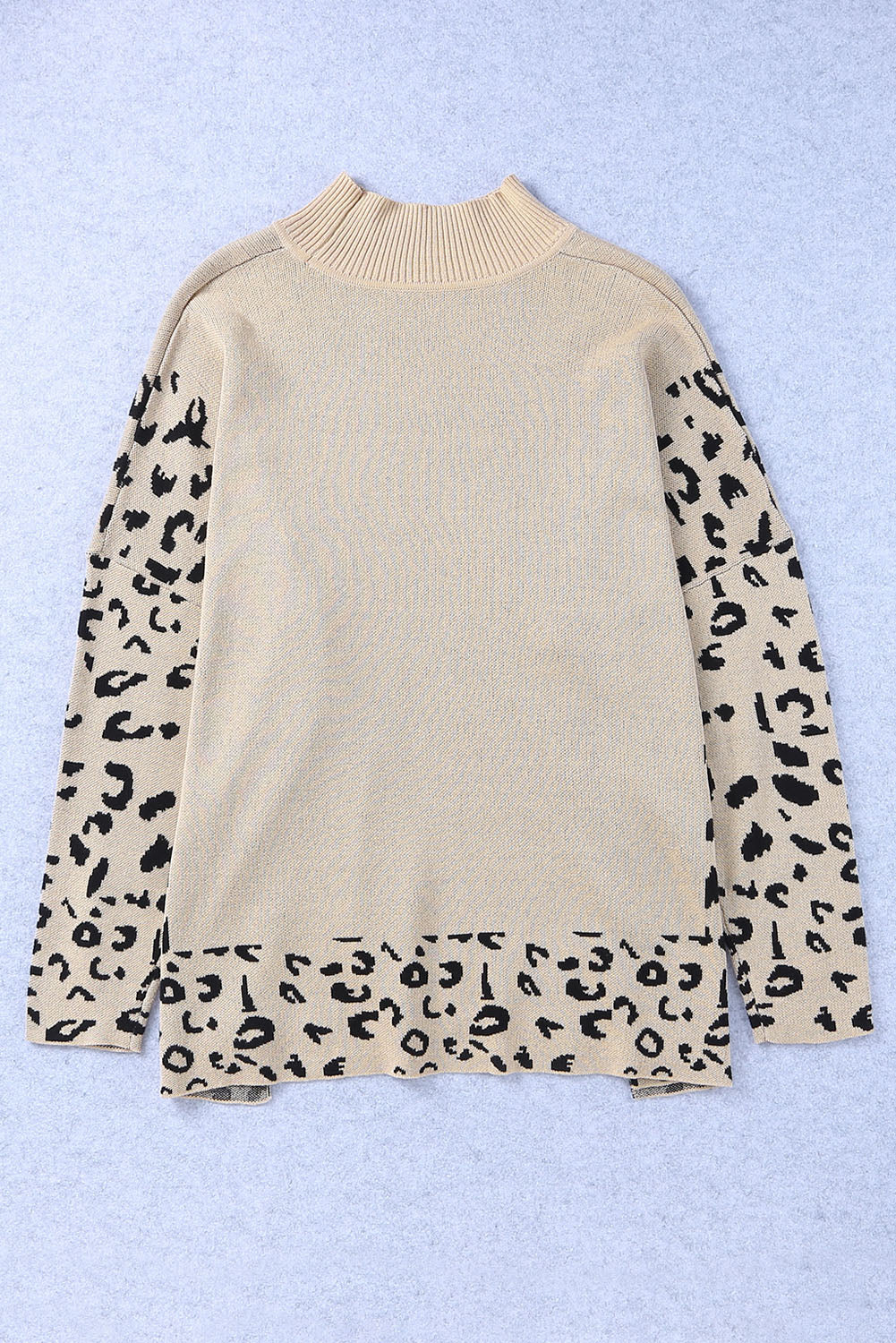 Blue Zone Planet | Slit Leopard Mock Neck Dropped Shoulder Sweater-TOPS / DRESSES-[Adult]-[Female]-2022 Online Blue Zone Planet