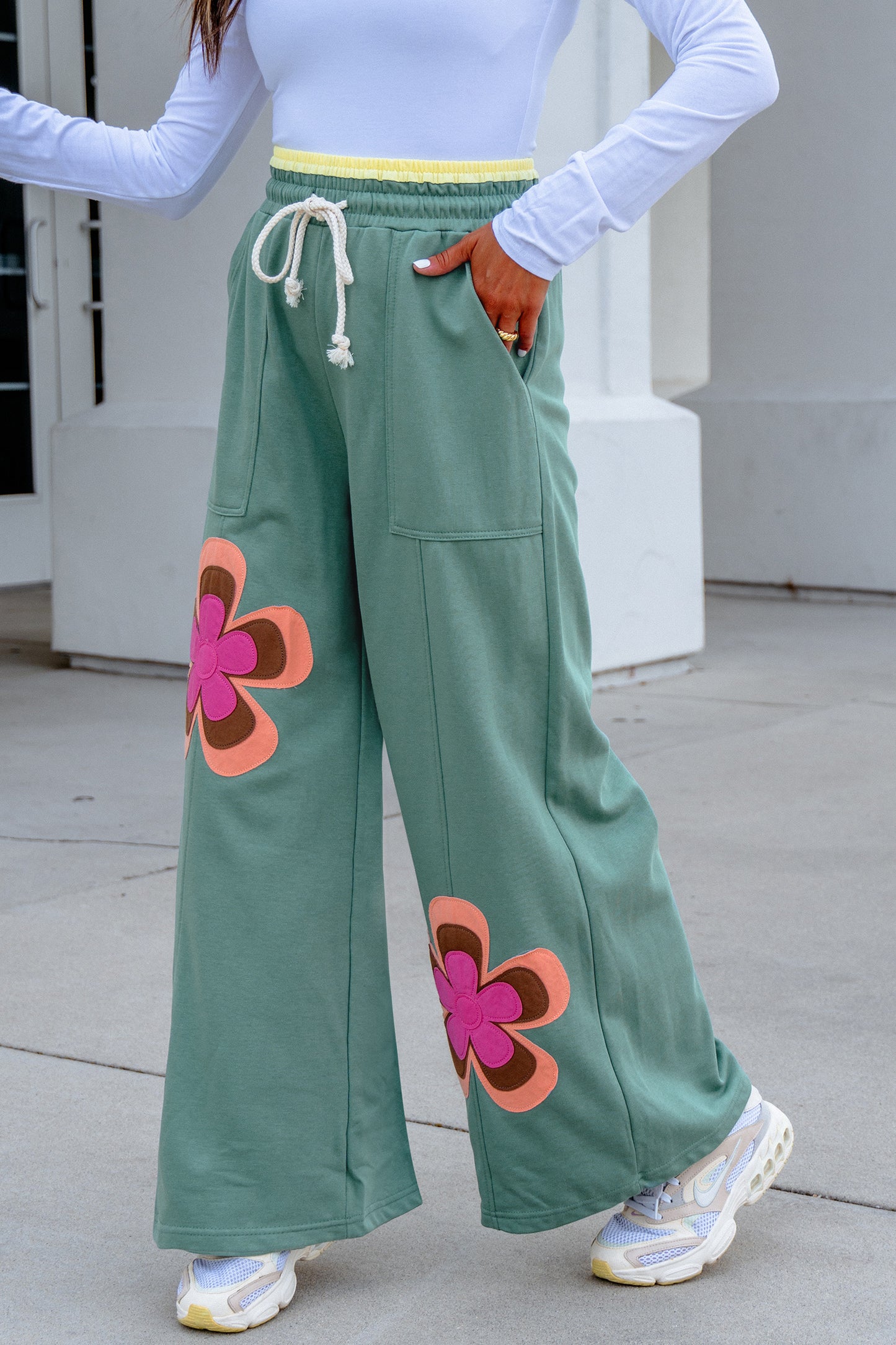 Sea Green Color Block Flower Patchwork Drawstring Contrasted Elastic Waist Wide Leg Pants-Bottoms/Pants & Culotte-[Adult]-[Female]-2022 Online Blue Zone Planet