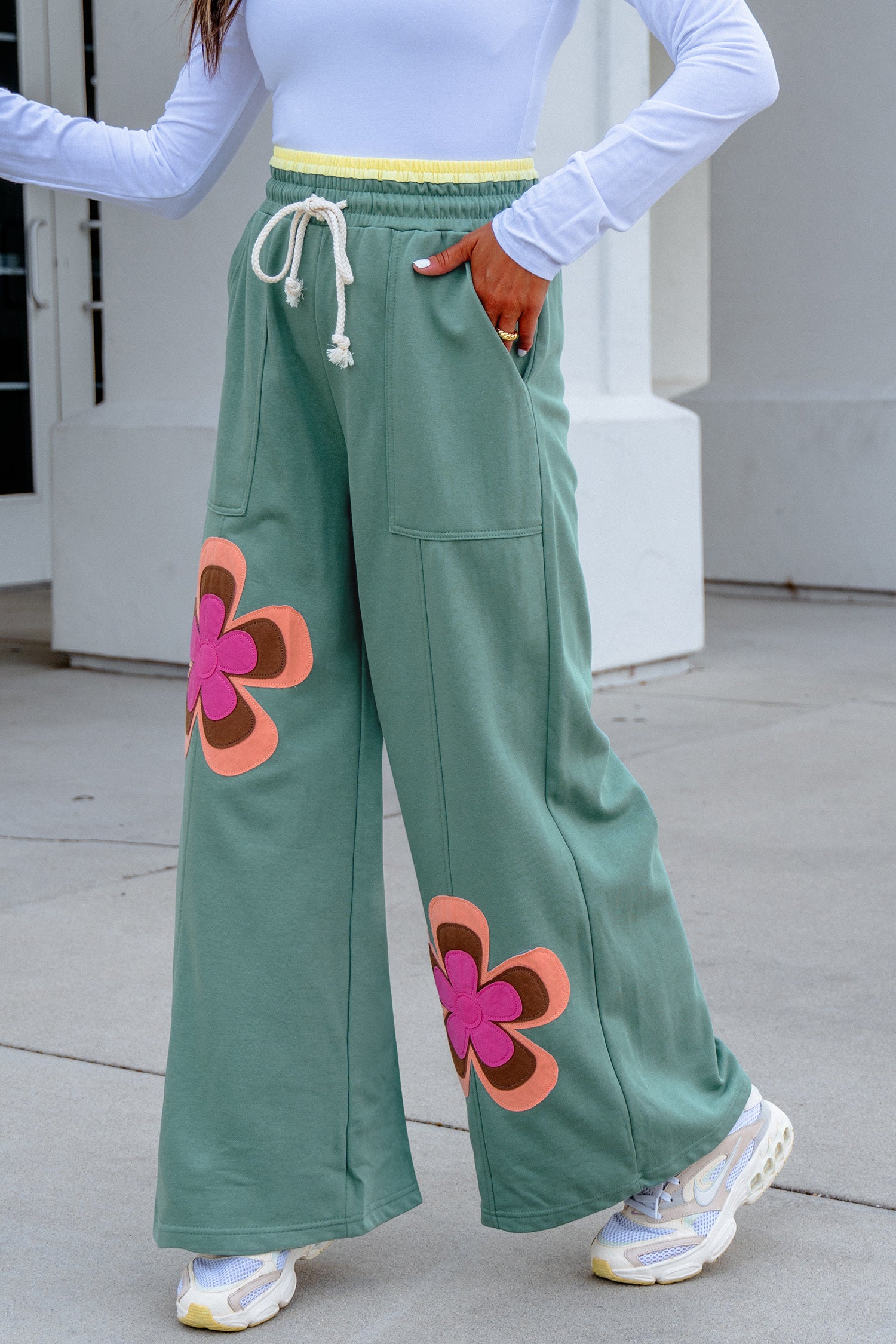 Sea Green Color Block Flower Patchwork Drawstring Contrasted Elastic Waist Wide Leg Pants-Bottoms/Pants & Culotte-[Adult]-[Female]-2022 Online Blue Zone Planet