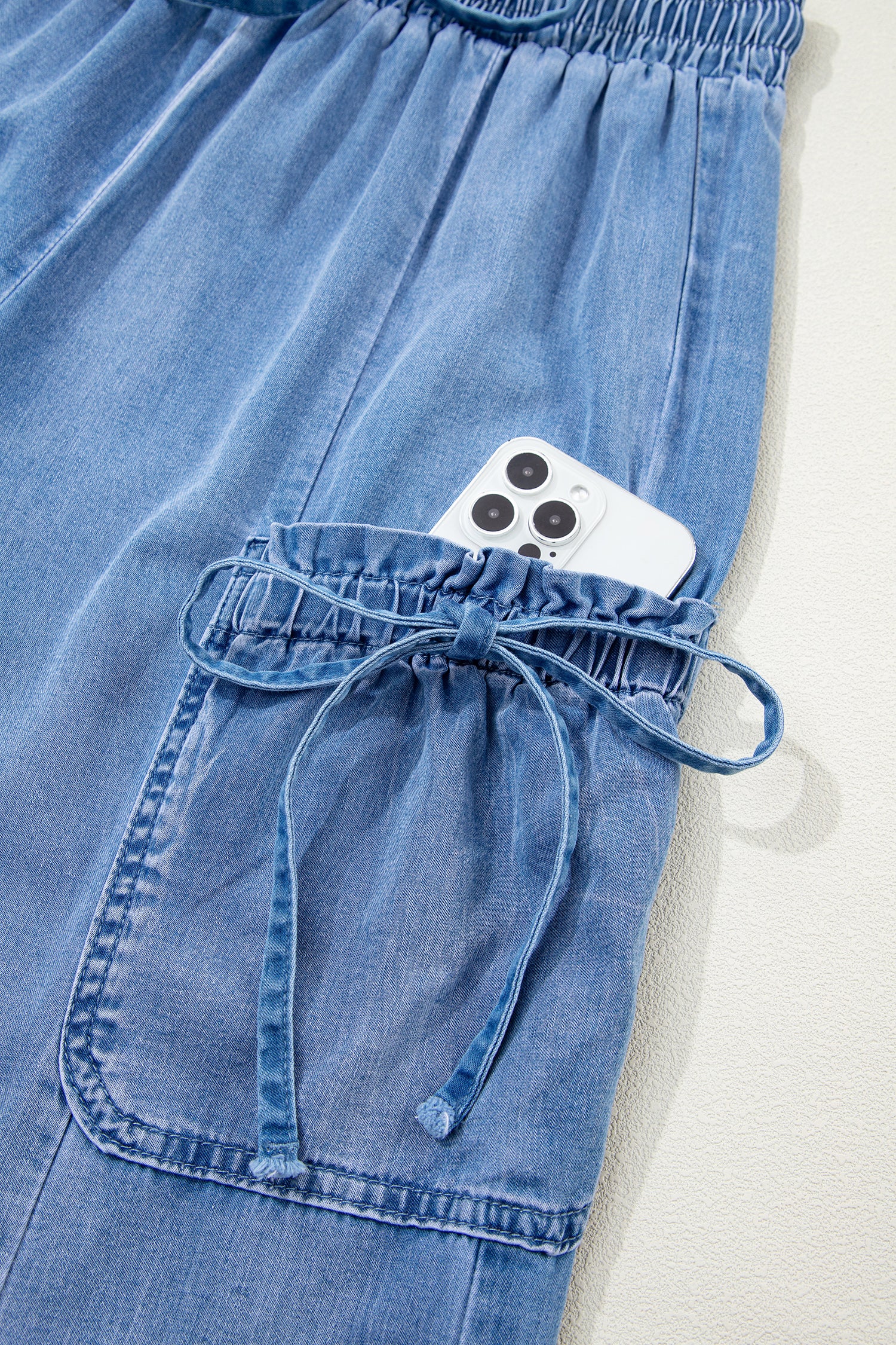 Beau Blue Drawstring Elastic Waist Pocketed Loose Denim Pants-Bottoms/Jeans-[Adult]-[Female]-2022 Online Blue Zone Planet
