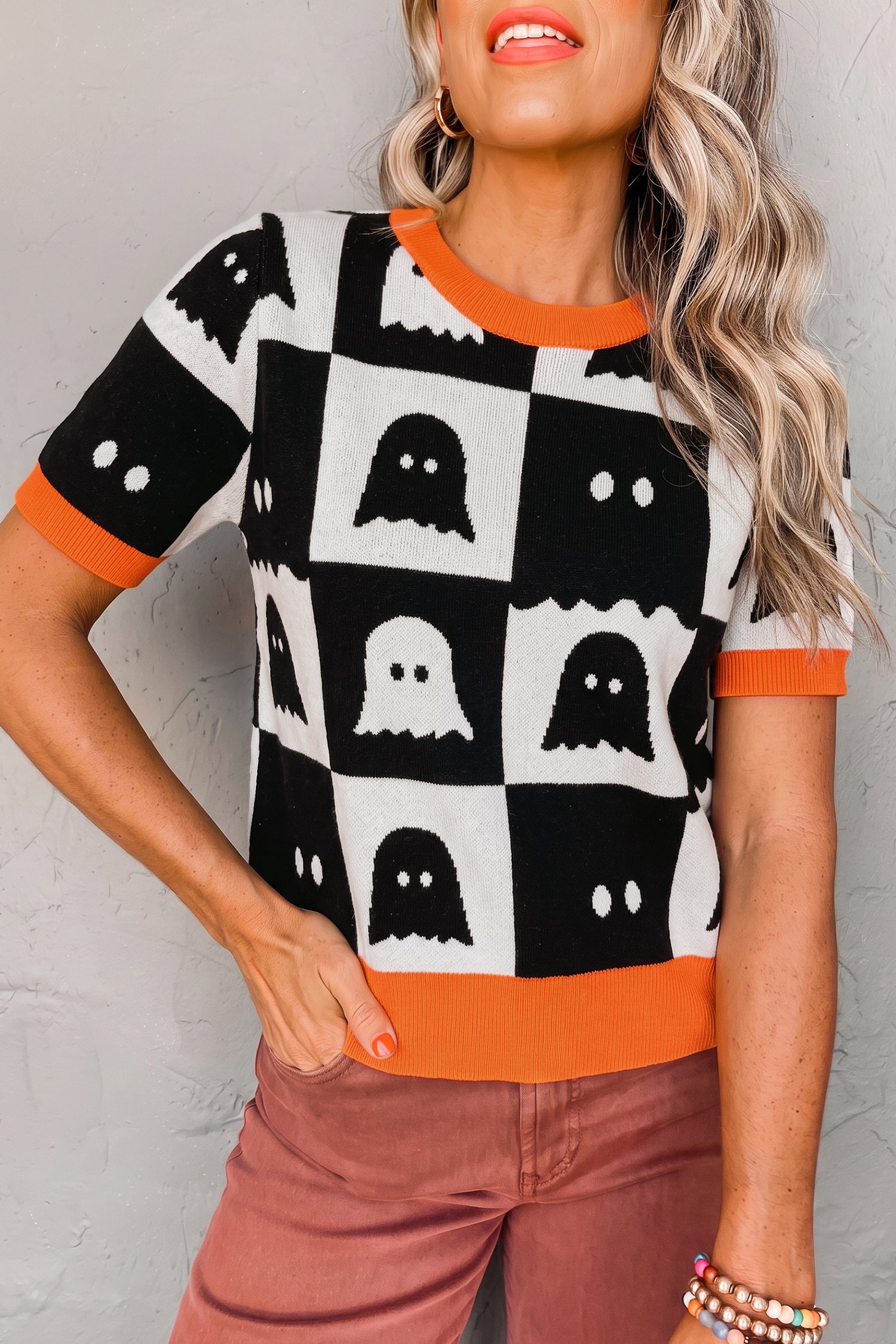 White Geometric Ghost Color Block Trim Short Sleeve Knit Sweater-TOPS / DRESSES-[Adult]-[Female]-2022 Online Blue Zone Planet