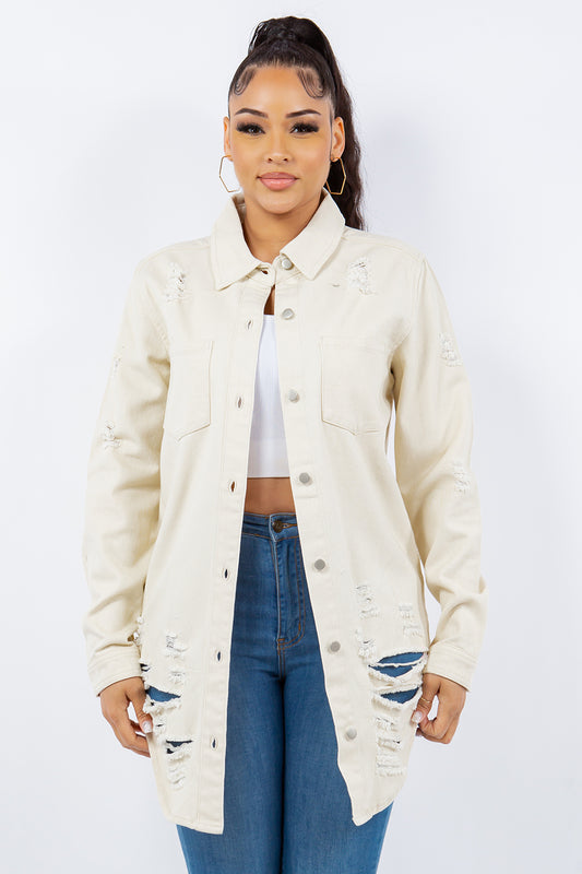 American Bazi Distressed Button Up Long Sleeve Denim Jacket-TOPS / DRESSES-[Adult]-[Female]-Ivory-S-2022 Online Blue Zone Planet