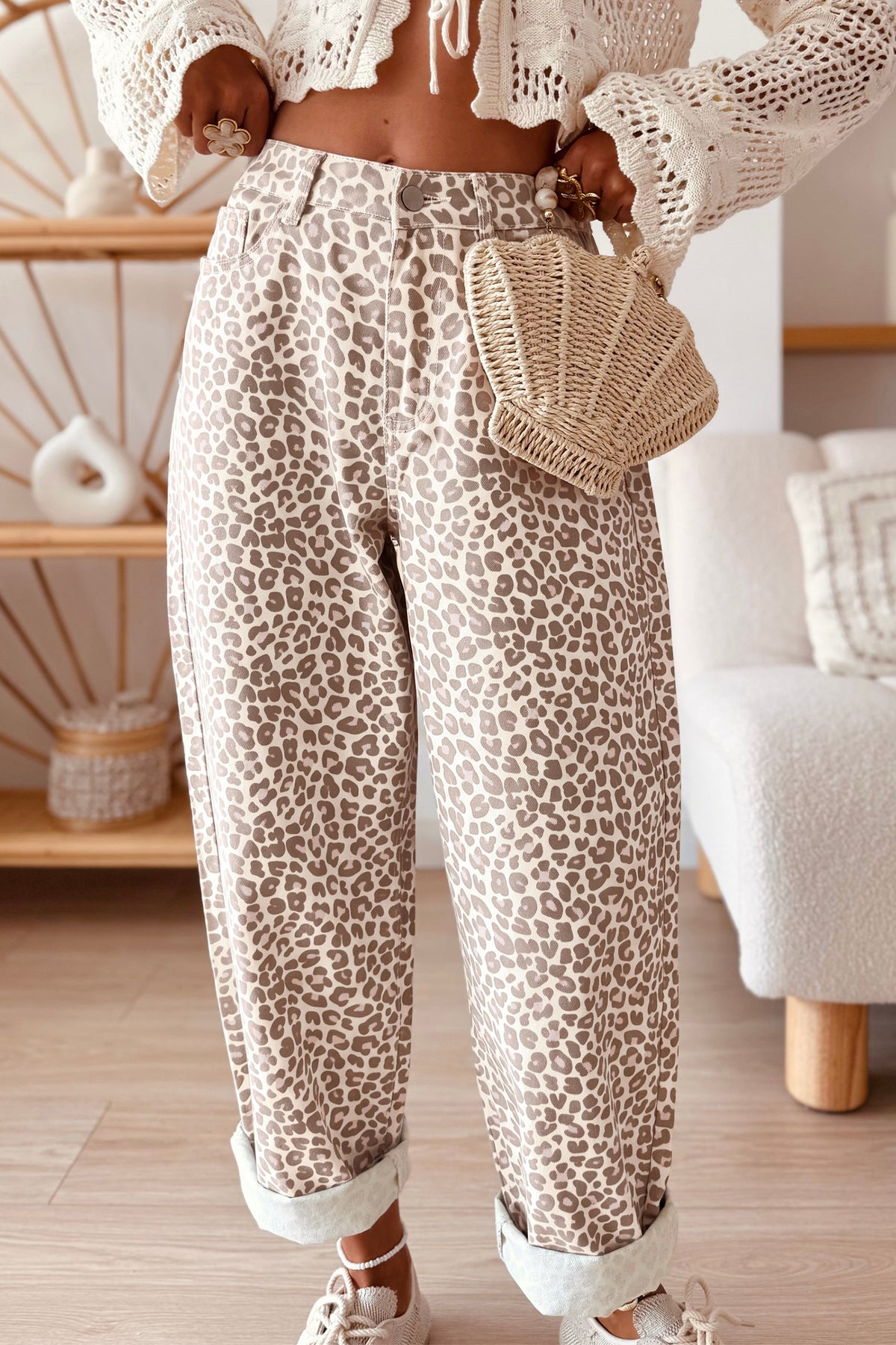 Gray Leopard Print High Rise Relaxed Casual Jeans