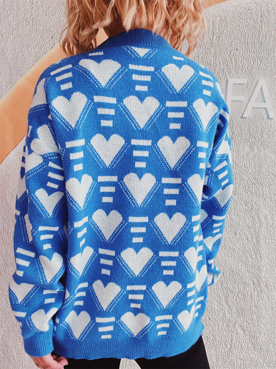 Heart Contrast Long Sleeve Dropped Shoulder Sweater-TOPS / DRESSES-[Adult]-[Female]-2022 Online Blue Zone Planet