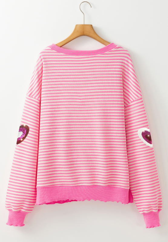 Valentine’s Day Sequin Heart Striped Round Neck Long Sleeve Sweatshirt-TOPS / DRESSES-[Adult]-[Female]-2022 Online Blue Zone Planet