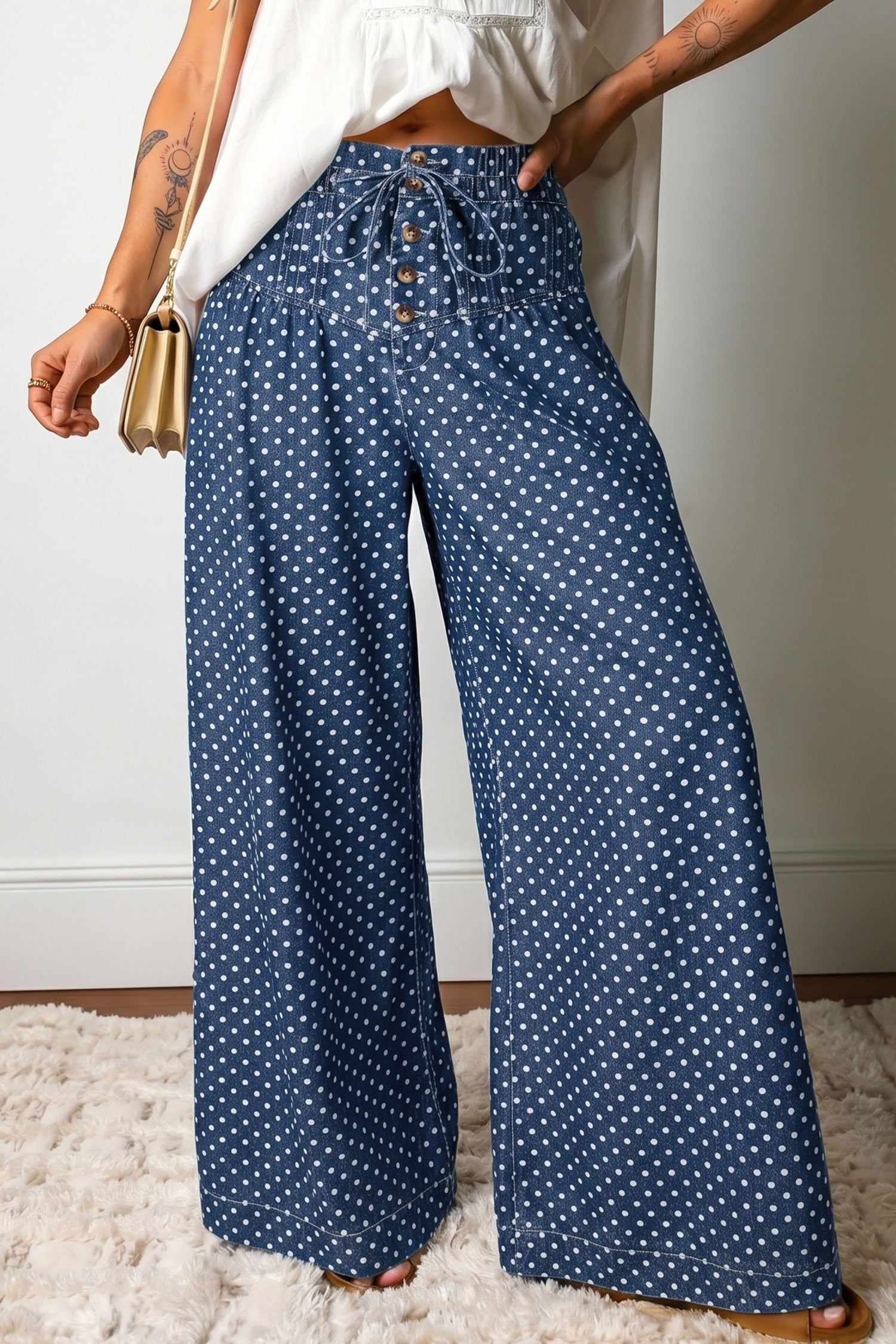 Sky Blue Polka Dot Print Button Pleated Detail Wide Leg Jeans-Bottoms/Jeans-[Adult]-[Female]-Sky Blue-4-2022 Online Blue Zone Planet
