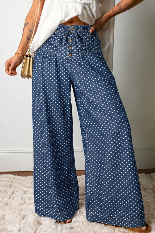 Sky Blue Polka Dot Print Button Pleated Detail Wide Leg Jeans-Bottoms/Jeans-[Adult]-[Female]-Sky Blue-4-2022 Online Blue Zone Planet