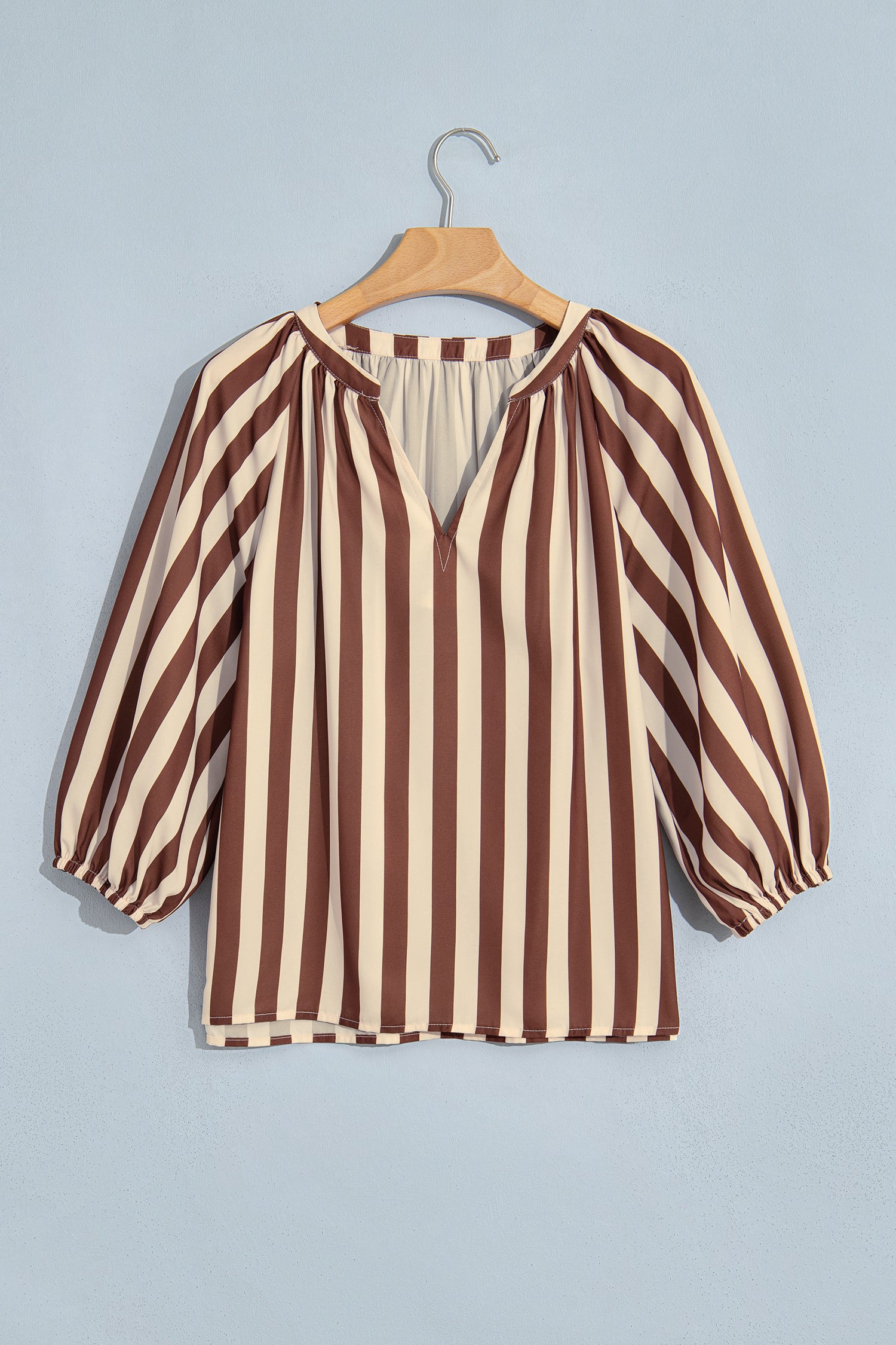 Brown Stripe V Neck Half Sleeve Casual Blouse-Tops/Blouses & Shirts-[Adult]-[Female]-2022 Online Blue Zone Planet