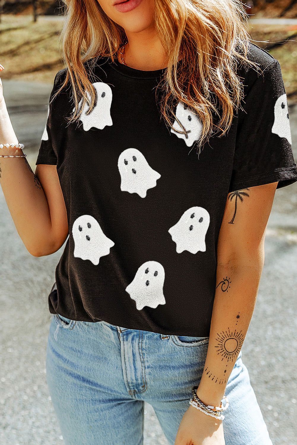 Black Sequin Halloween Ghost Patched Casual T Shirt-Graphic/Graphic Tees-[Adult]-[Female]-2022 Online Blue Zone Planet