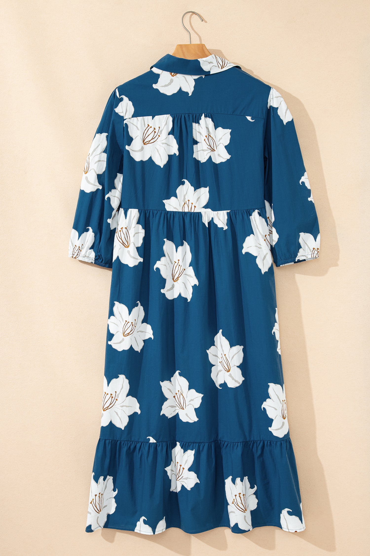 Blue Floral Print Shirt Collar V Neck 3/4 Sleeve Shift Midi Dress-TOPS / DRESSES-[Adult]-[Female]-2022 Online Blue Zone Planet