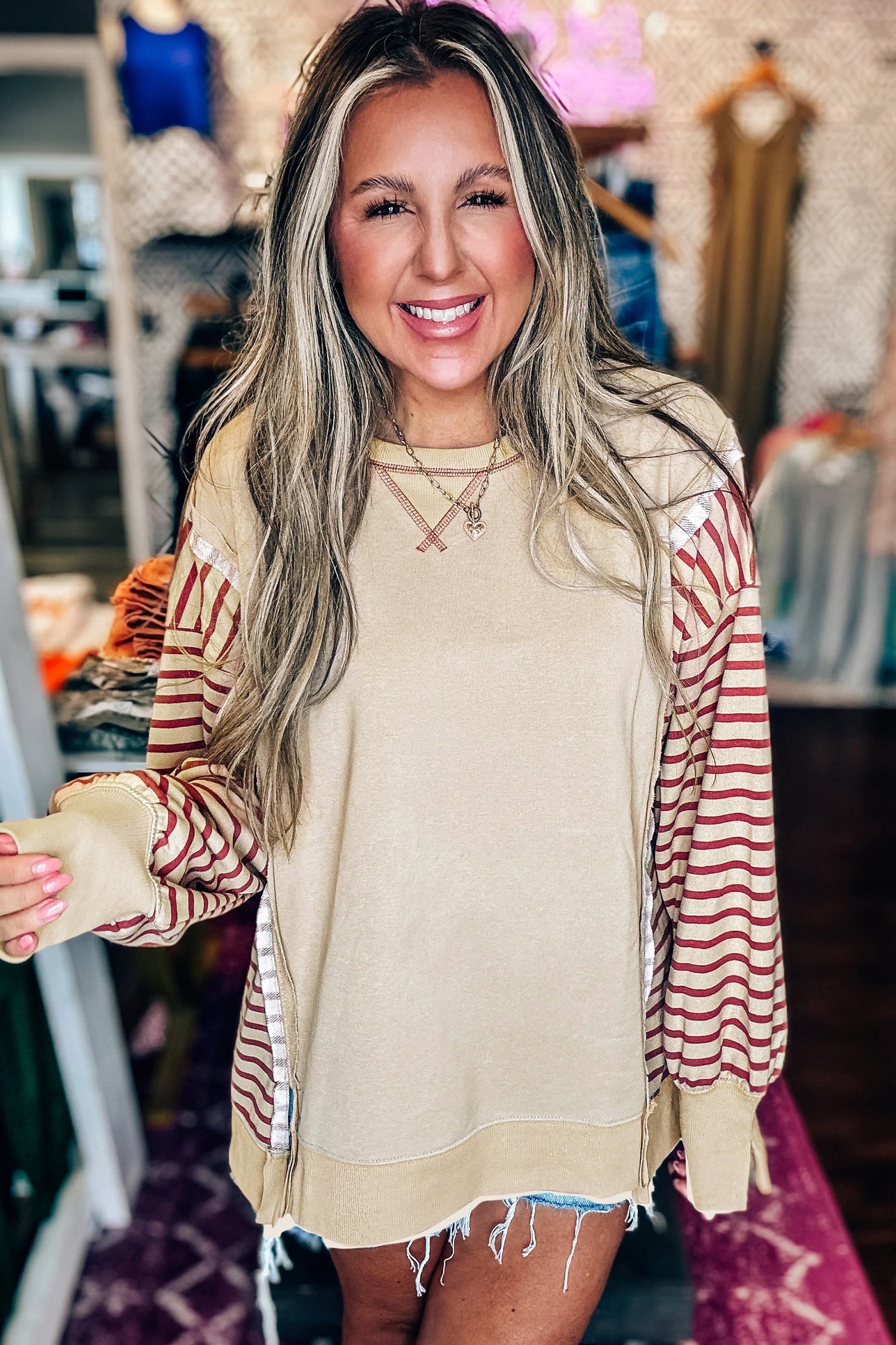 Red Stripe Sleeve Patchwork Casual Knit Top-Tops/Long Sleeve Tops-[Adult]-[Female]-2022 Online Blue Zone Planet