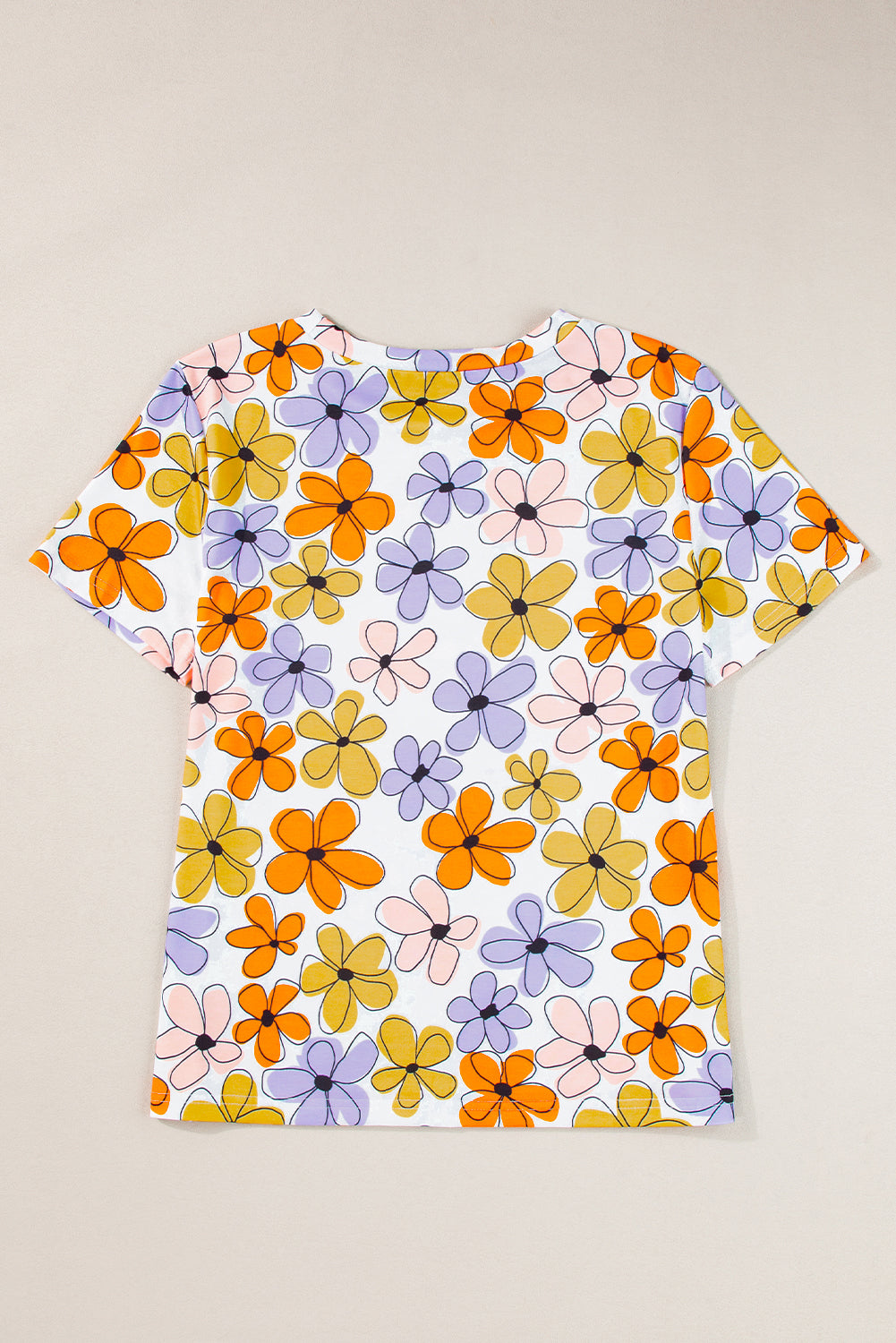 Beige Summer Flower Print Round Neck T Shirt-Tops/Tops & Tees-[Adult]-[Female]-2022 Online Blue Zone Planet