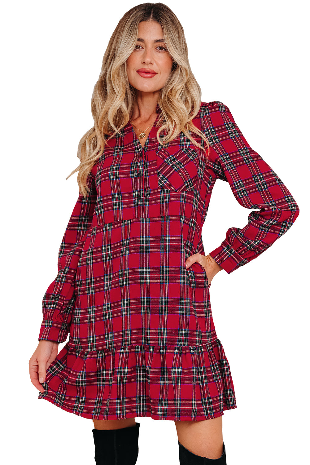 Red Plaid Shirt Collar Half Button Ruffle Hem Long Sleeve Mini Dress-TOPS / DRESSES-[Adult]-[Female]-2022 Online Blue Zone Planet