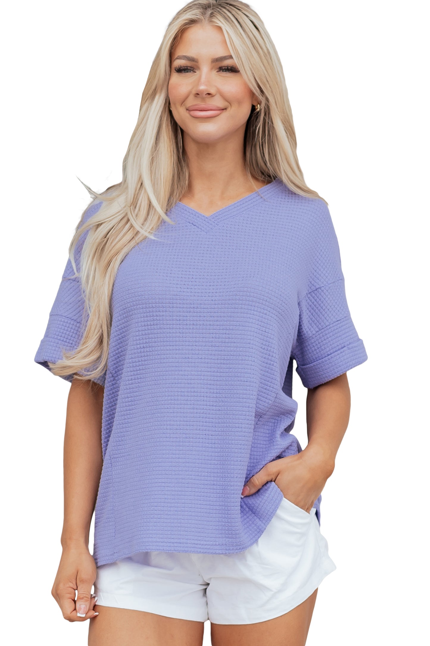 Clearly Aqua Waffle V Neck Short Sleeve Knit Top-Tops/Tops & Tees-[Adult]-[Female]-2022 Online Blue Zone Planet