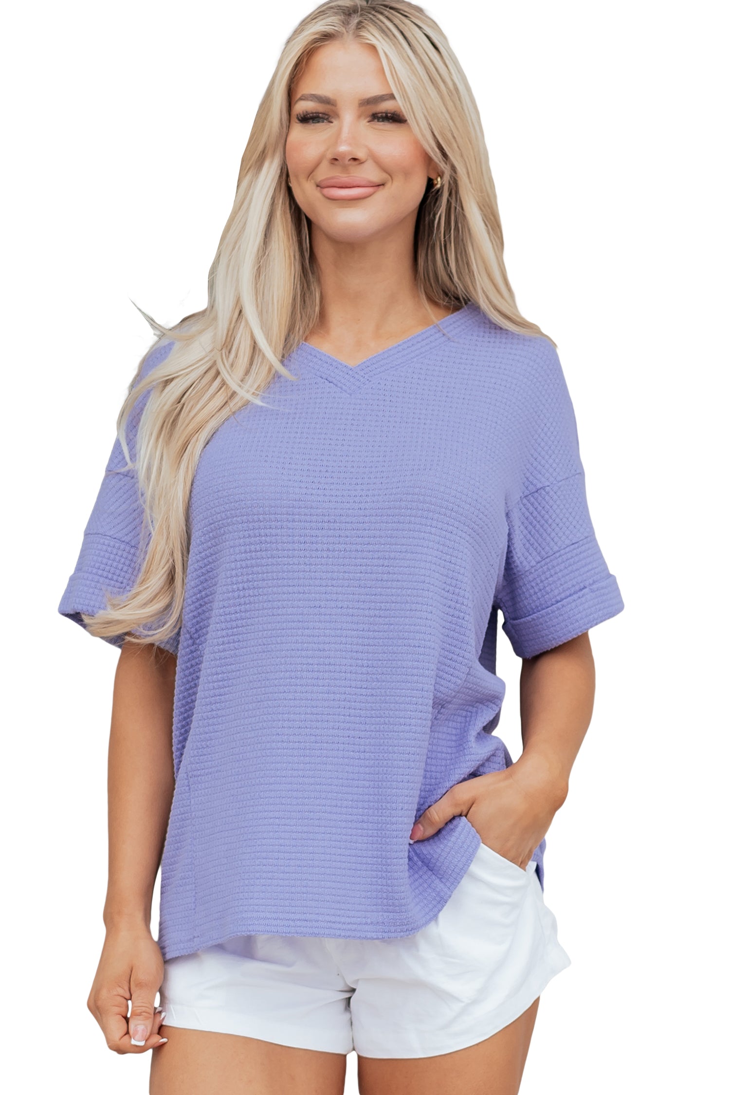 Clearly Aqua Waffle V Neck Short Sleeve Knit Top-Tops/Tops & Tees-[Adult]-[Female]-2022 Online Blue Zone Planet