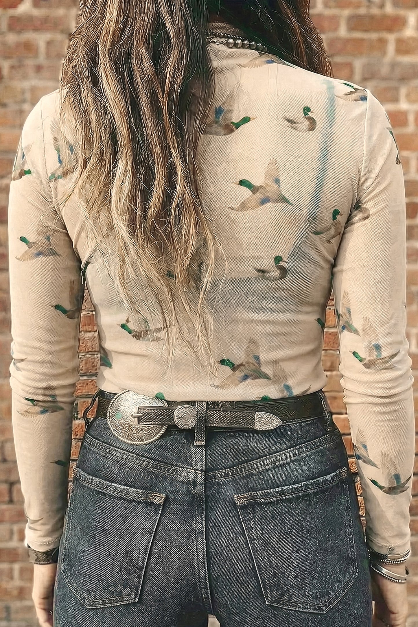 Beige Western Print Mesh High Neck Long Sleeve Sheath Top-Tops/Long Sleeve Tops-[Adult]-[Female]-2022 Online Blue Zone Planet