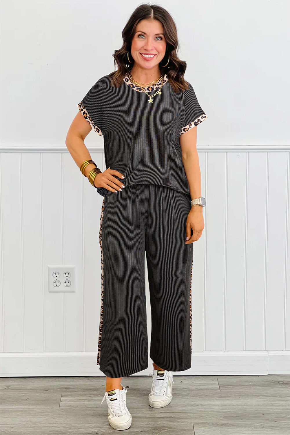 Carbon Grey Leopard Patchwork Edge Twisted Rib T Shirt and Cropped Pants Set-Two Piece Sets/Pant Sets-[Adult]-[Female]-2022 Online Blue Zone Planet