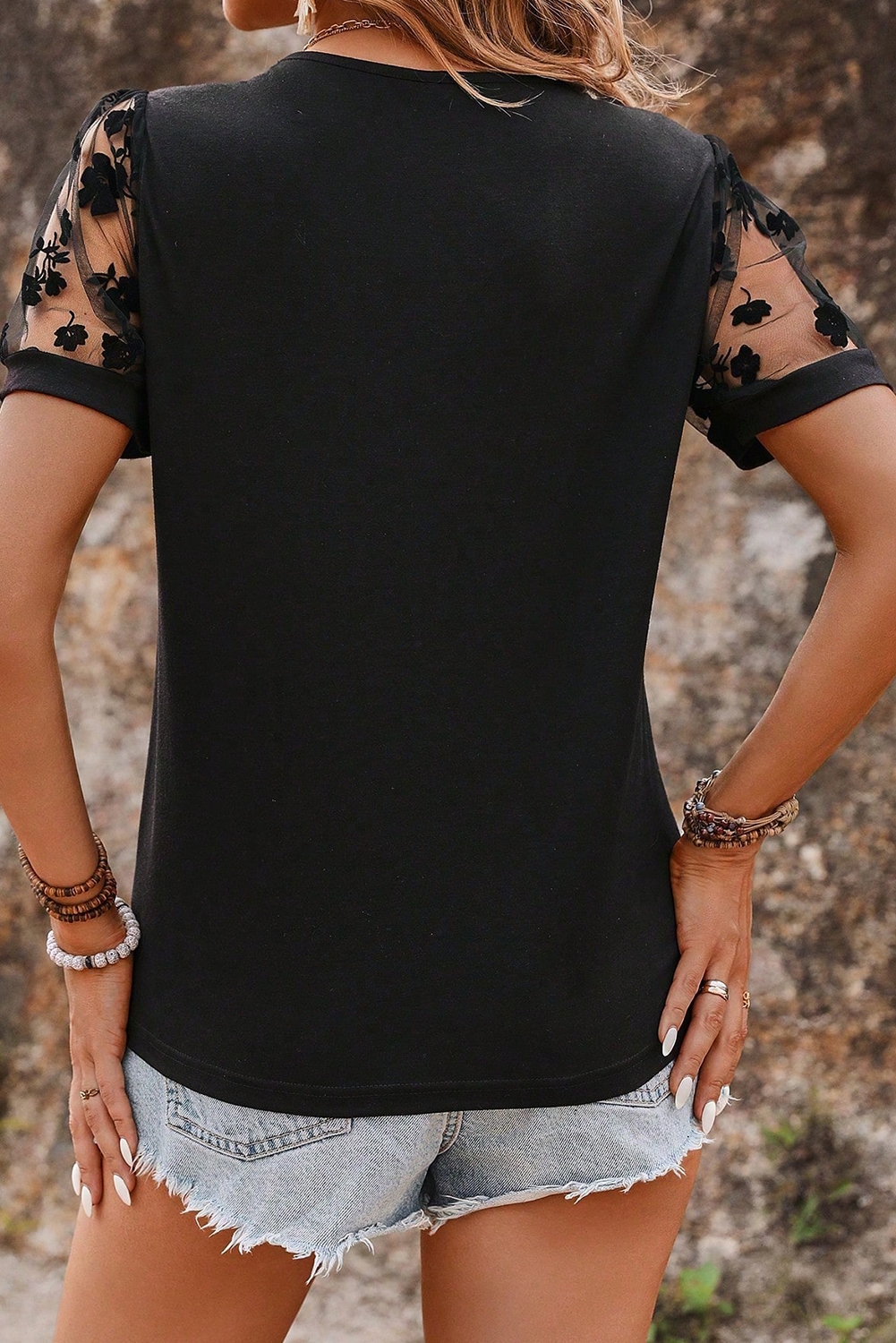 Black Floral Mesh Patchwork Loose V Neck Plus Size T Shirt-Plus Size/Plus Size Tops/Plus Size Tops & Tees-[Adult]-[Female]-2022 Online Blue Zone Planet