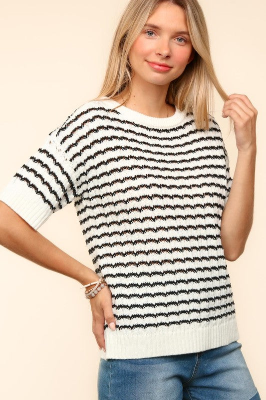 Haptics Openwork Striped Round Neck Half Sleeve Knit Top-TOPS / DRESSES-[Adult]-[Female]-2022 Online Blue Zone Planet