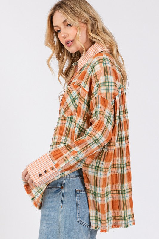 SAGE + FIG Side Slit Plaid Button Down Long Sleeve Shirt-TOPS / DRESSES-[Adult]-[Female]-2022 Online Blue Zone Planet