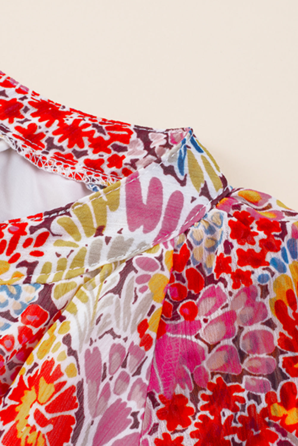 Fiery Red White Floral Print V Neck Long Puff Sleeve Top-Tops/Blouses & Shirts-[Adult]-[Female]-2022 Online Blue Zone Planet